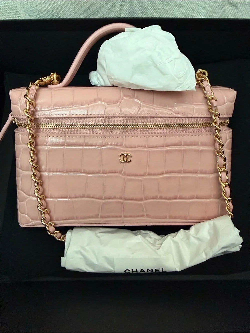 CHANEL Pink Croc-Embossed Slim Vanity Bag with Gold Chain